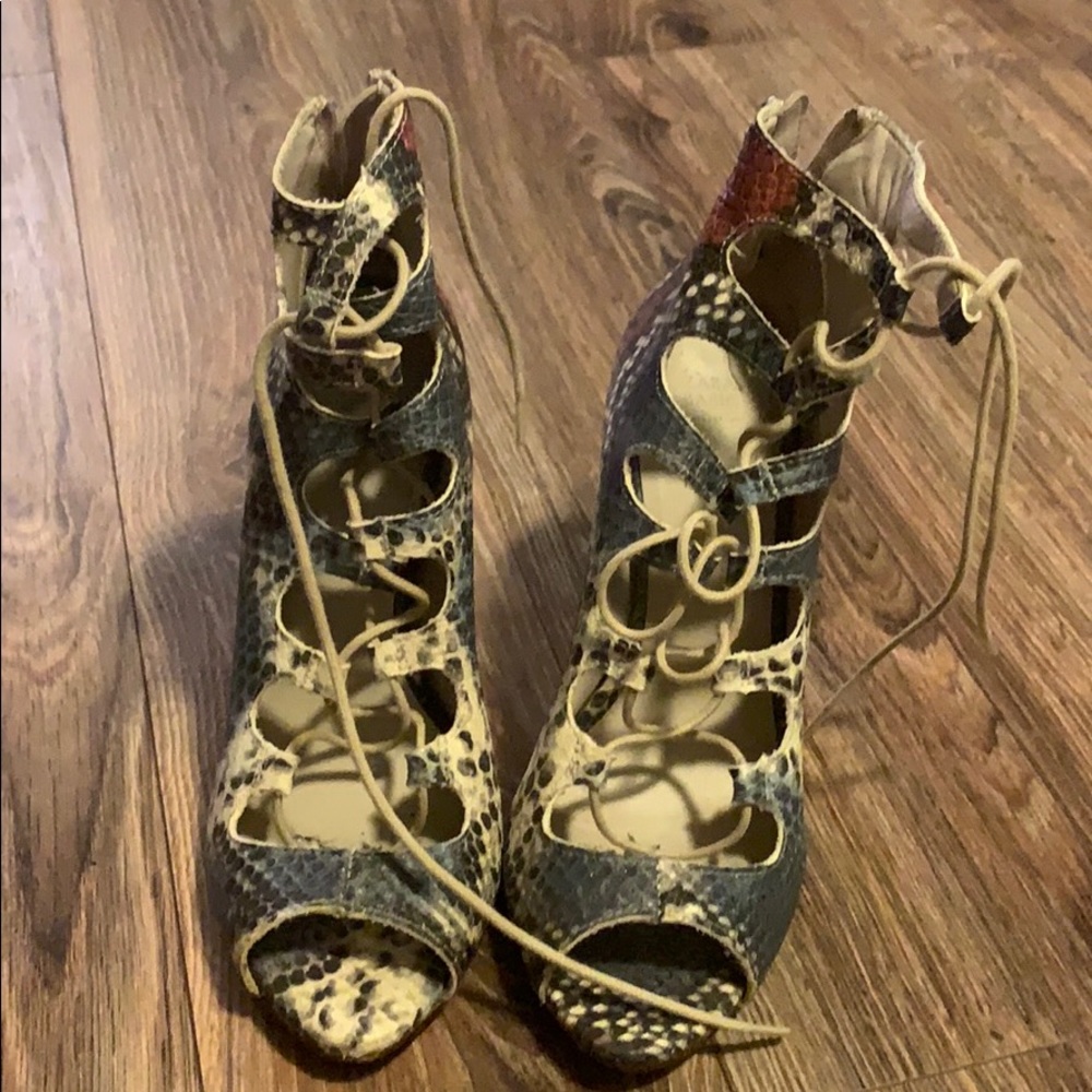 multicolor snake skin lace up heels